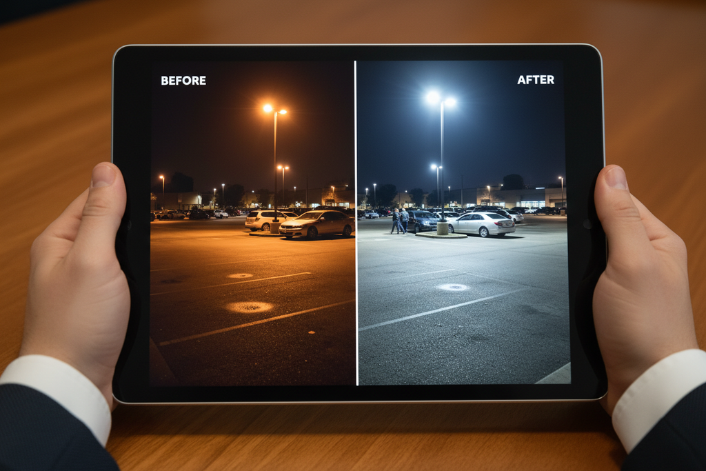 Split-screen before and after comparison of a parking lot under sodium-vapor vs. LED lighting