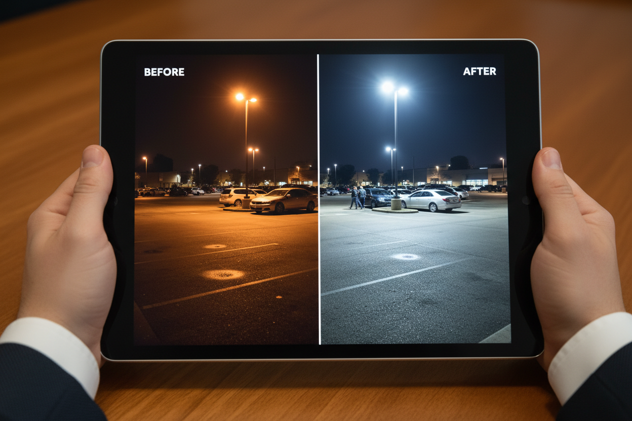 Split-screen before and after comparison of a parking lot under sodium-vapor vs. LED lighting