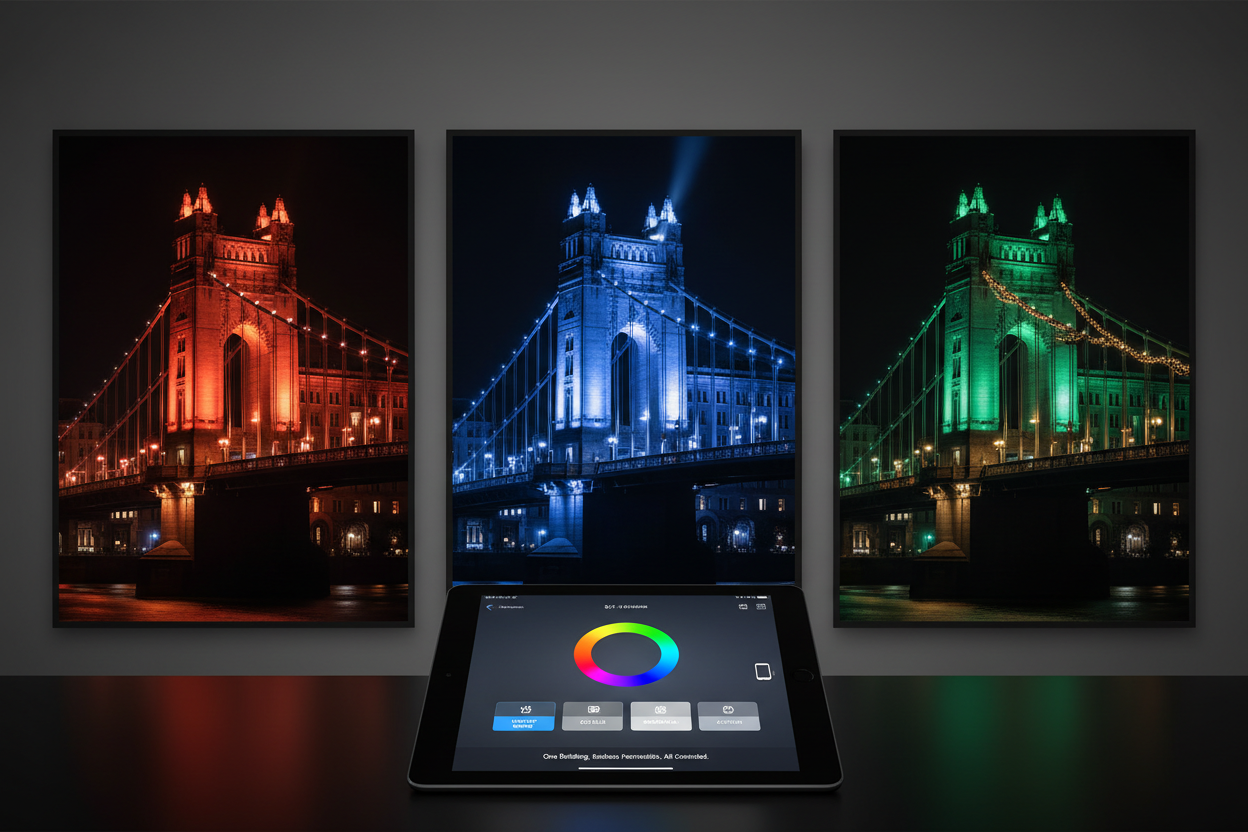 Municipal building shown as a triptych lit in red-orange, blue-white, and green-gold RGB lighting with a control app tablet in the foreground