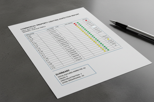 Printed lighting maintenance report with color-coded fixture status indicators and summary counts