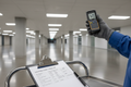 Clipboard with lighting audit checklist and a hand holding a light meter up to a commercial fixture