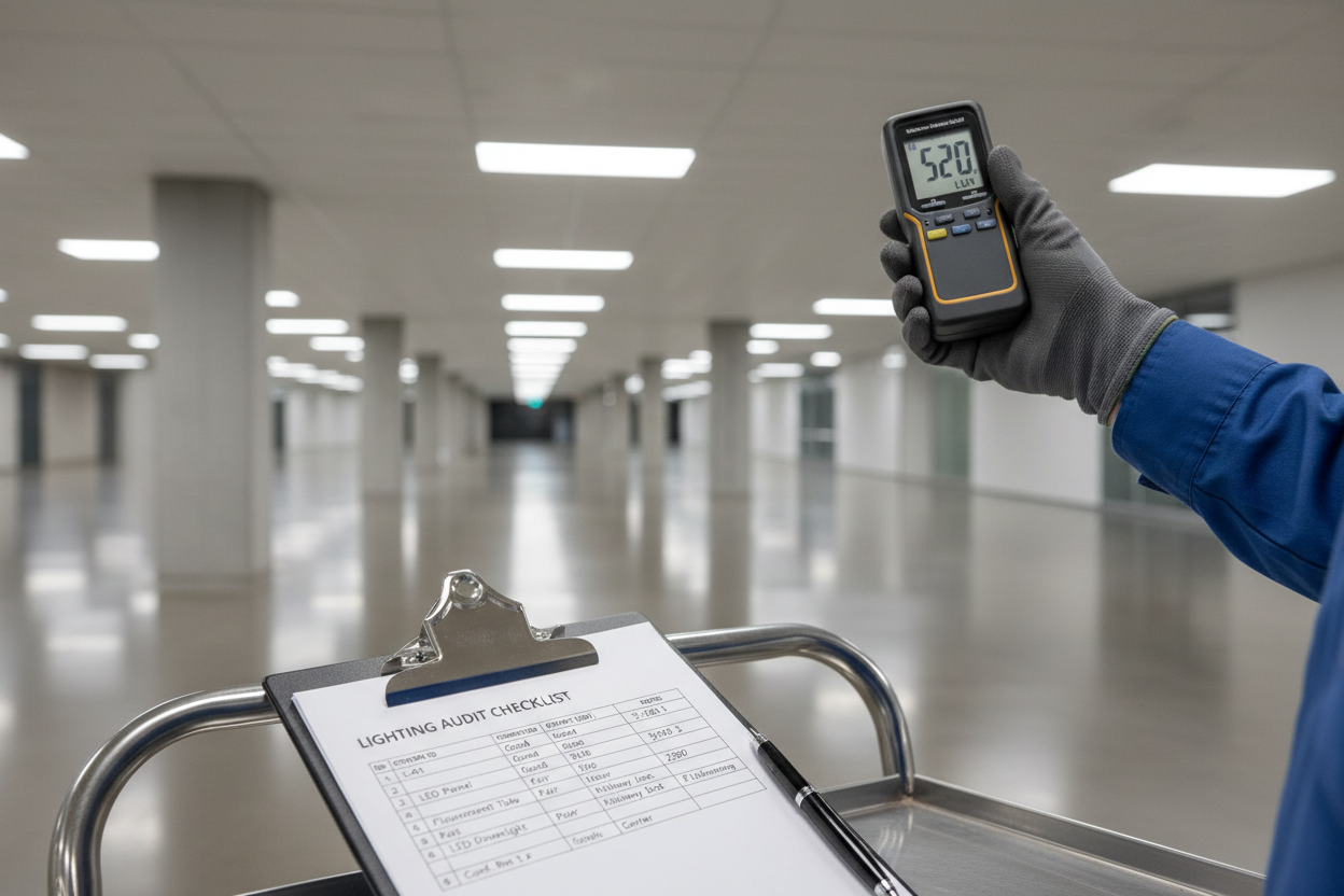 Clipboard with lighting audit checklist and a hand holding a light meter up to a commercial fixture