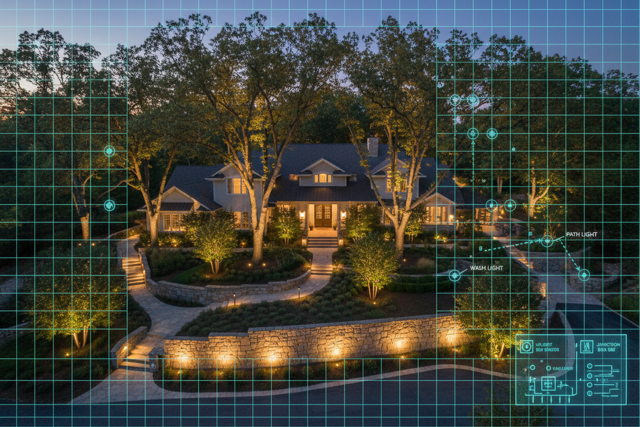 Aerial dusk view of a property with elegant landscape lighting overlaid with a blueprint grid showing fixture placements and wiring paths