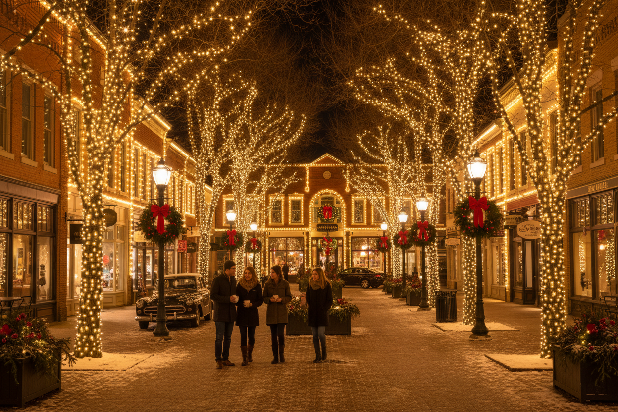 Festive main street at night with warm white seasonal lighting on trees, building facades, and lamp posts