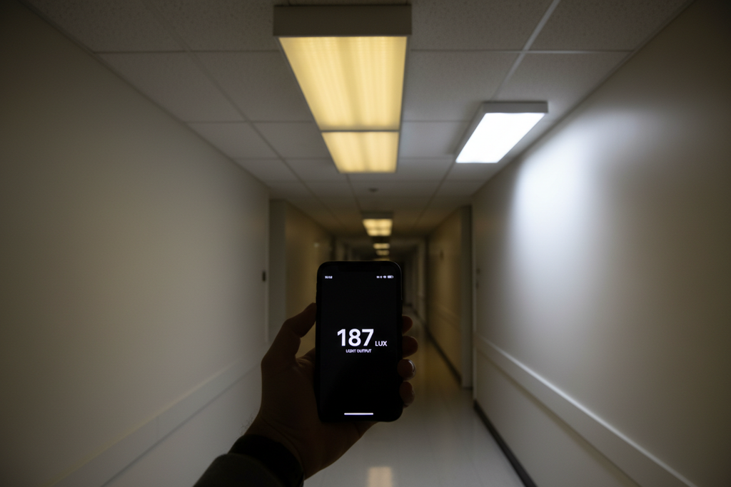 Smartphone measuring light output in lux at a fluorescent ceiling fixture in a commercial hallway